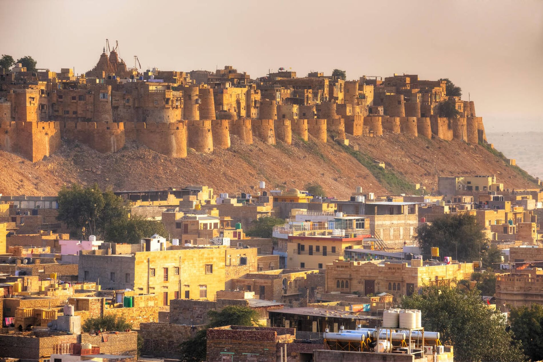 Golden view of Jaisalmer city and fort at sunset